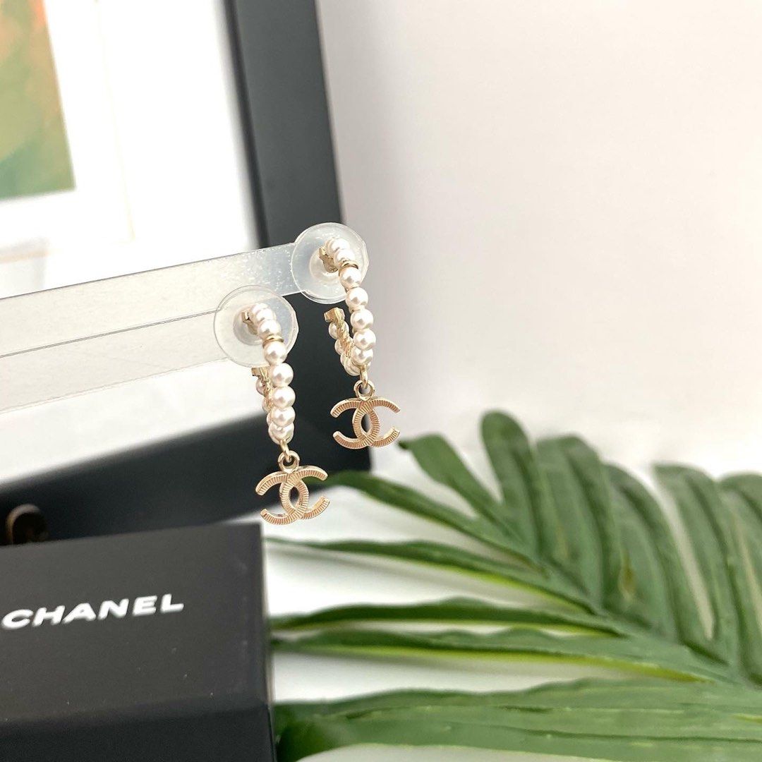 Chanel CC Mini Faux Pearl Silver Tone Drop Earrings Chanel