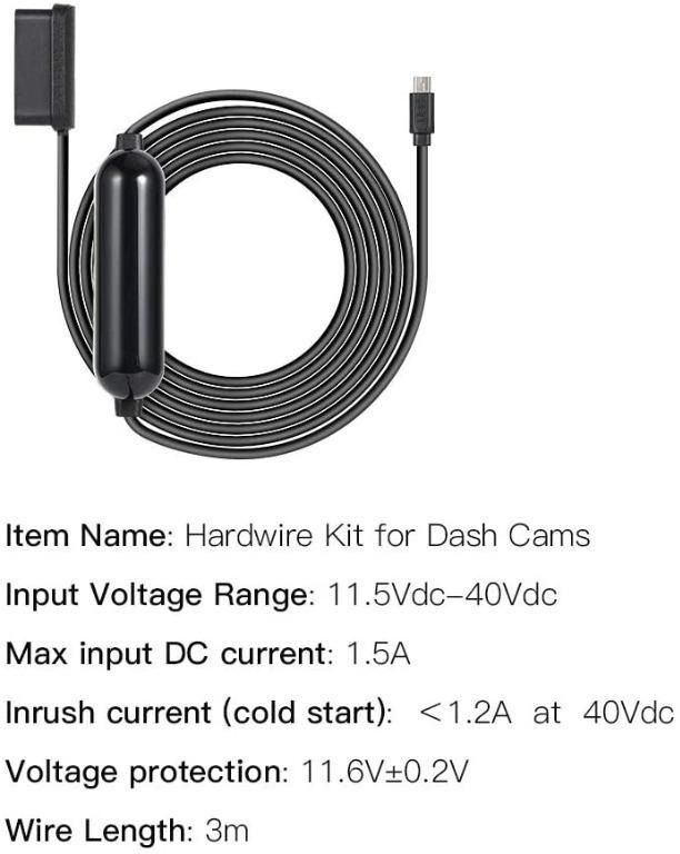 Dash Cam Hardwire Kit, Micro USB Port, DC 12V - 24V to 5V/2A Max Car  Charger Cable kit with Fuse, Low Voltage Protection for Dash Cam Cameras  (Micro