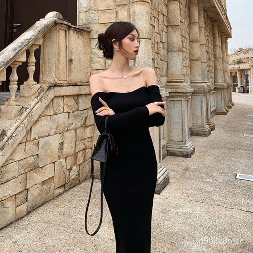 Black Retro Sexy Backless Tube Top Knitted off Shoulder Sheath