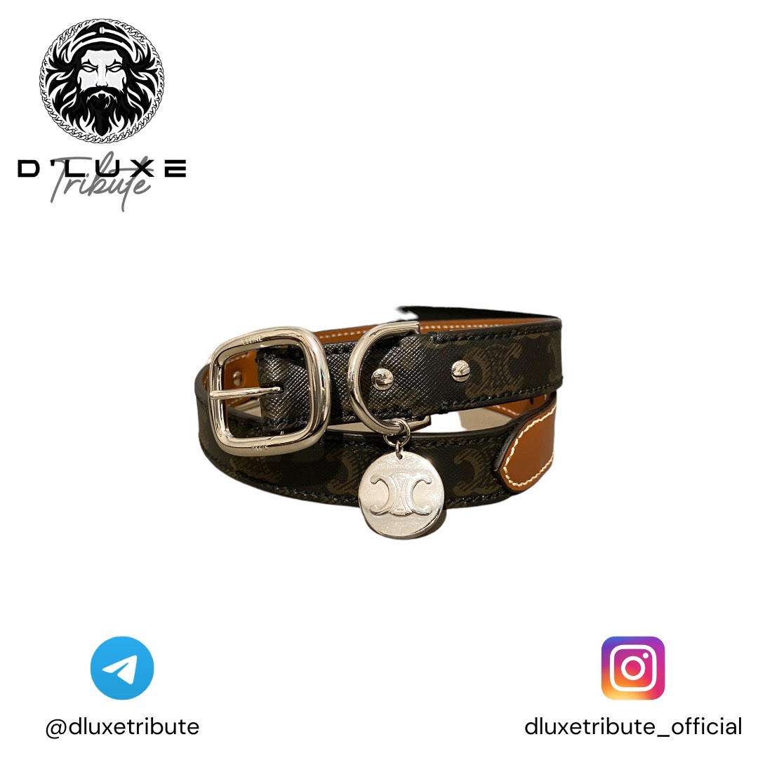 WIDE LARGE DOG COLLAR IN TRIOMPHE CANVAS AND CALFSKIN - TAN
