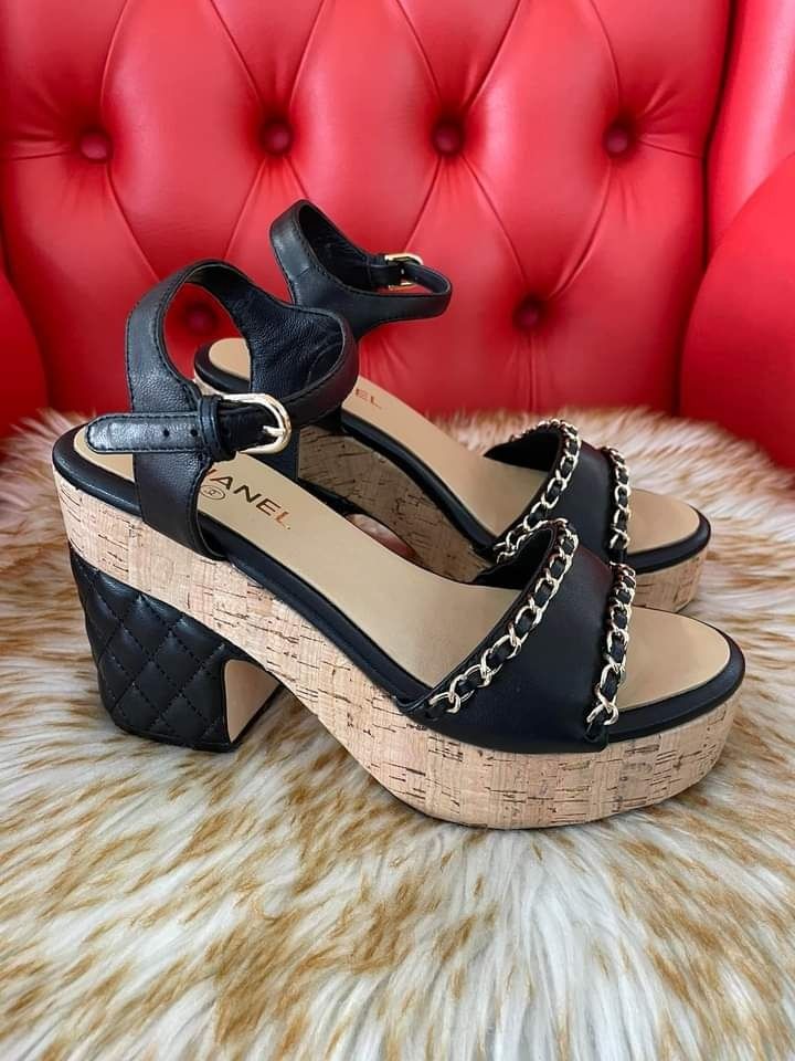 💋Chanel Black Leather CC Chain Link Strap Slingback Wedge Sandals