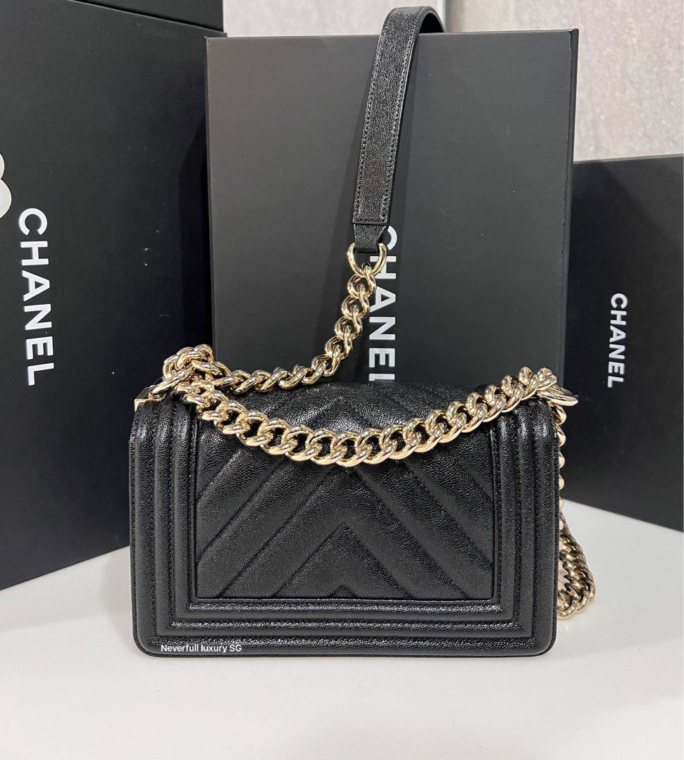 Chanel Leboy Small Black Chervon Caviar GHW, Luxury, Bags