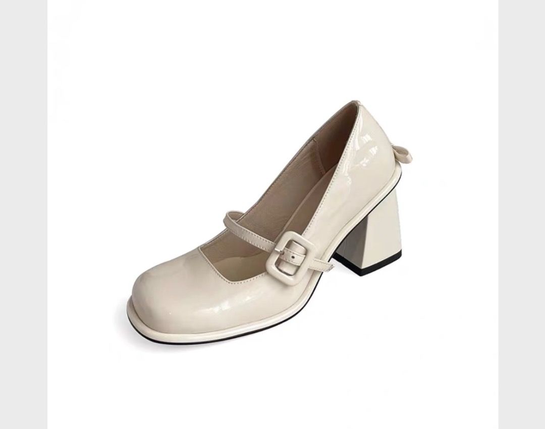 Creamy White Patent Leather Buckle Mary Jane Heels Pumps Loafers