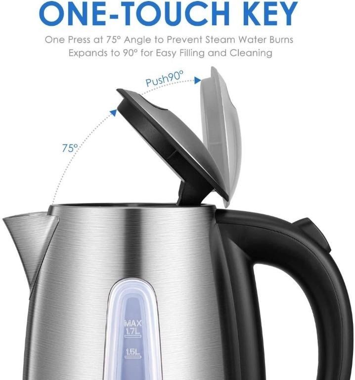 Deik Electric Kettle Stainless Steel Cordless Tea Kettle with British Strix Control 1.7 Liter Water Kettle 1500W Fast Boiling Hot Water Kettle