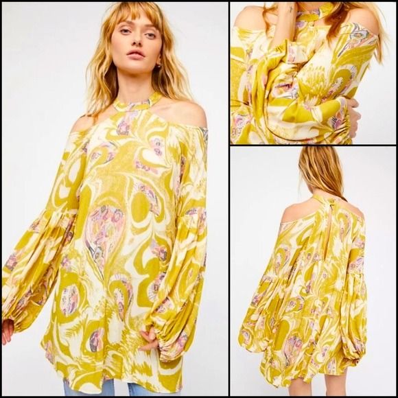 Free People Drift Away Cold Shoulder Printed Dress Tunic Top
