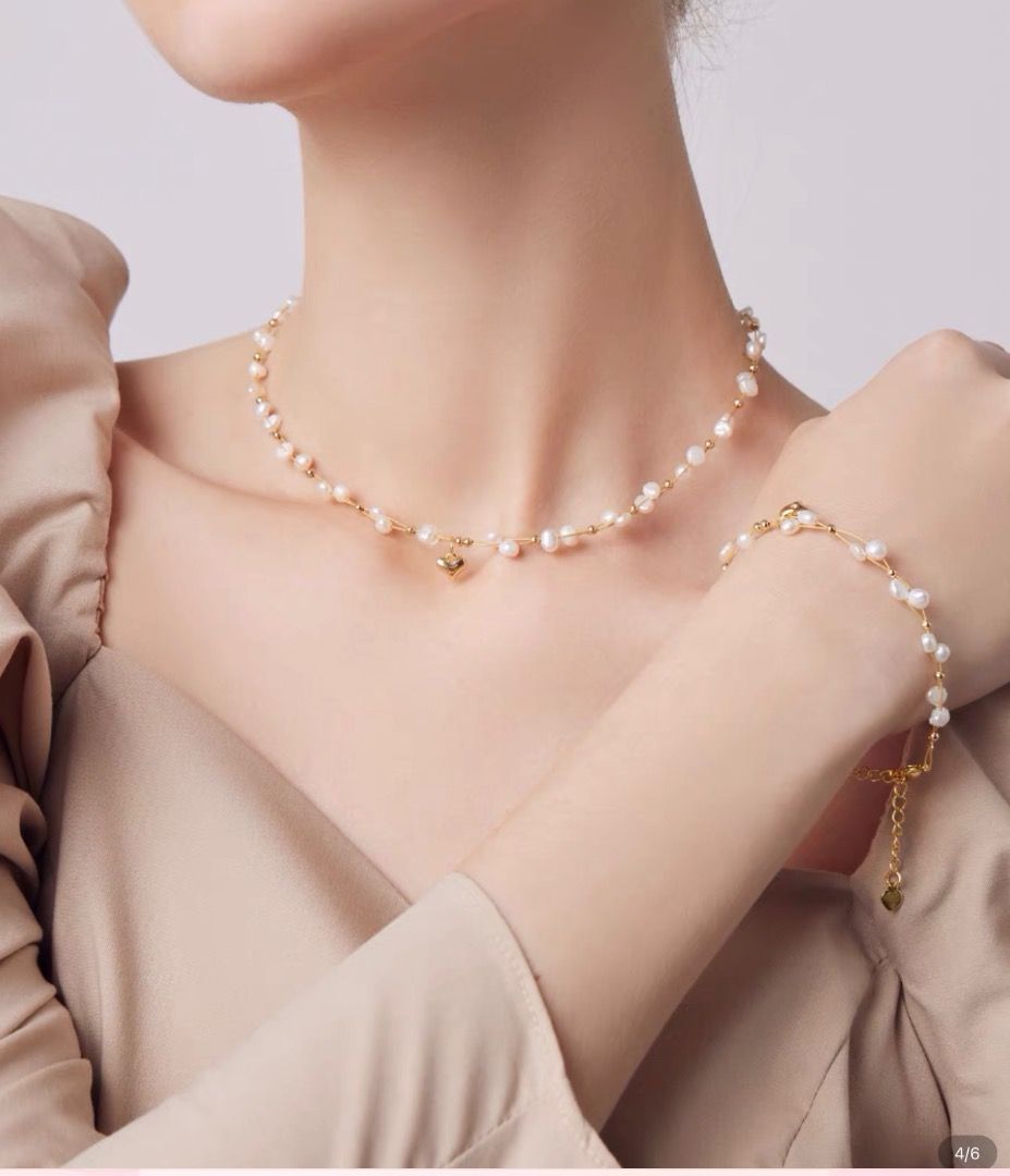 Gold Heart Pendant Freshwater Pearl Necklace Women Wedding