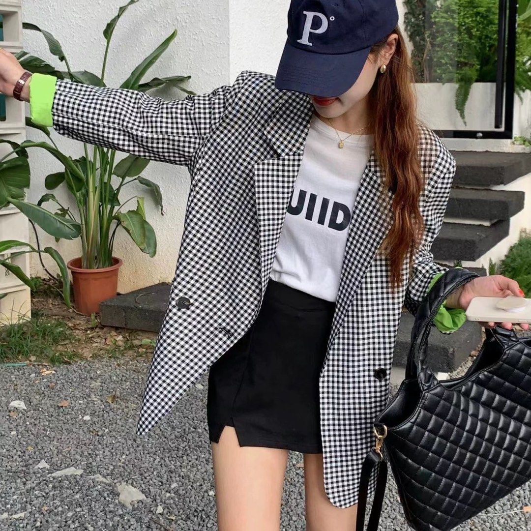 Gingham on sale blazer outfit