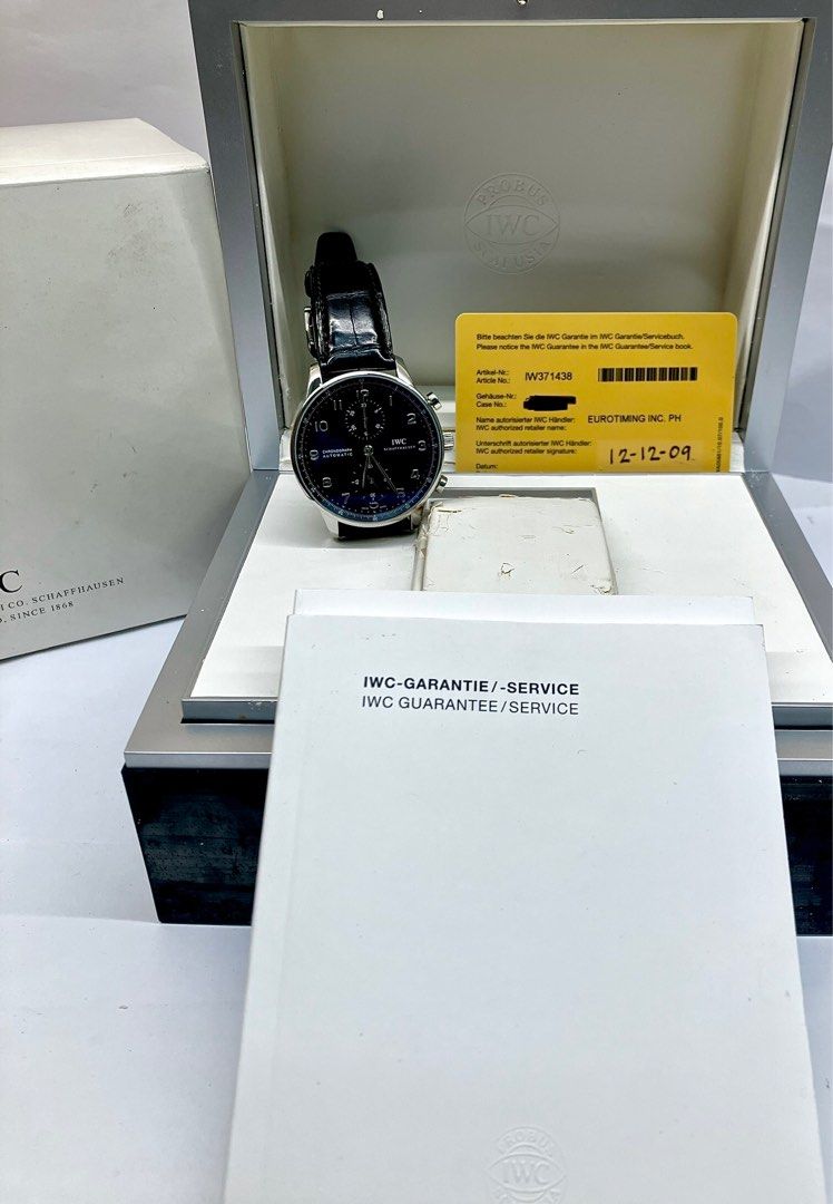 IWC Portuguese Chrono (Category: Luxury Watches) located in Makati City. Submitted by itsyourwatches (Listing ID 1258080286, Image 1). Description: Price : P279,999 Model :IWC Portuguese Chrono Steel Year :2009 Dec Ref. : IW371438 Movement : Automatic Dial :Black Dial Case :41mm, Steel Bezel :Steel Bracelet : Black Leather Box : Yes Papers : Yes.