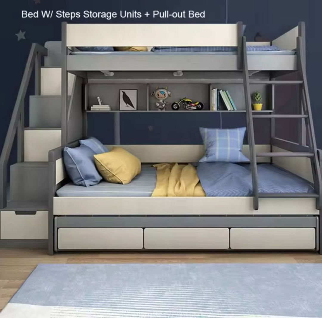 Kids bunk bed with ladder cabinet and pullout bed, Furniture & Home ...