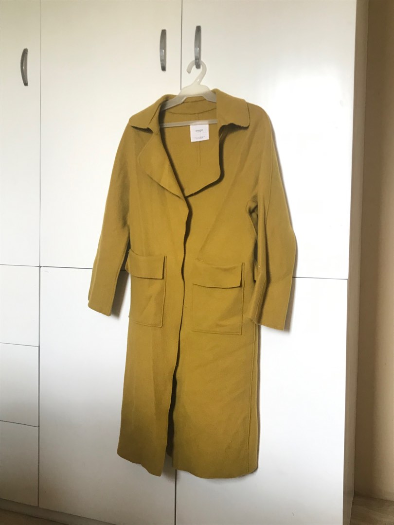 Mango Long Wool Mustard Coat Rib Knit Sweetheart Neckline Longsleeve Maxi dress