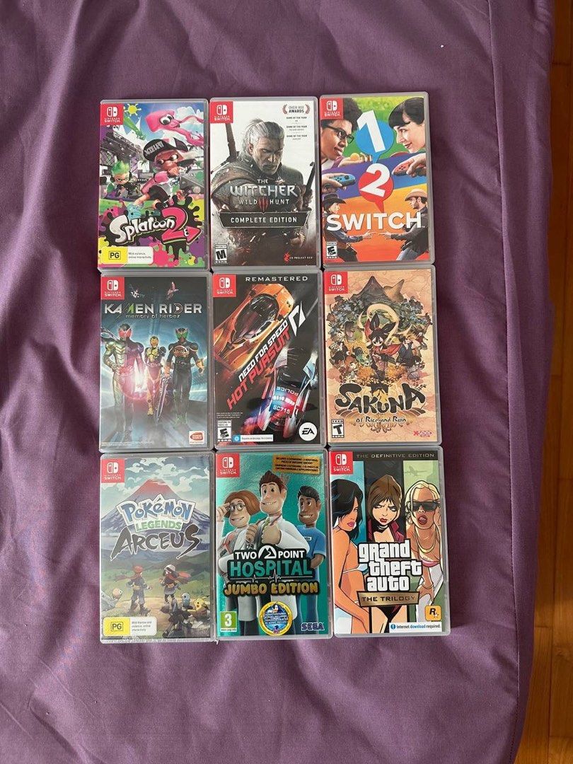 Nintendo Switch game Splatoon 2 / The Witcher Wild Hunt / 1 2 Switch / Kamen Rider / Need for Speed hot pursuit / Sakuna / Pokémon Arceus / Two Point Hospital Jumbo Edition Grand Theft Auto (Category: Nintendo) located in Singapore. Submitted by peterwatermelonq (Listing ID 1258104276, Image 1). Description: .