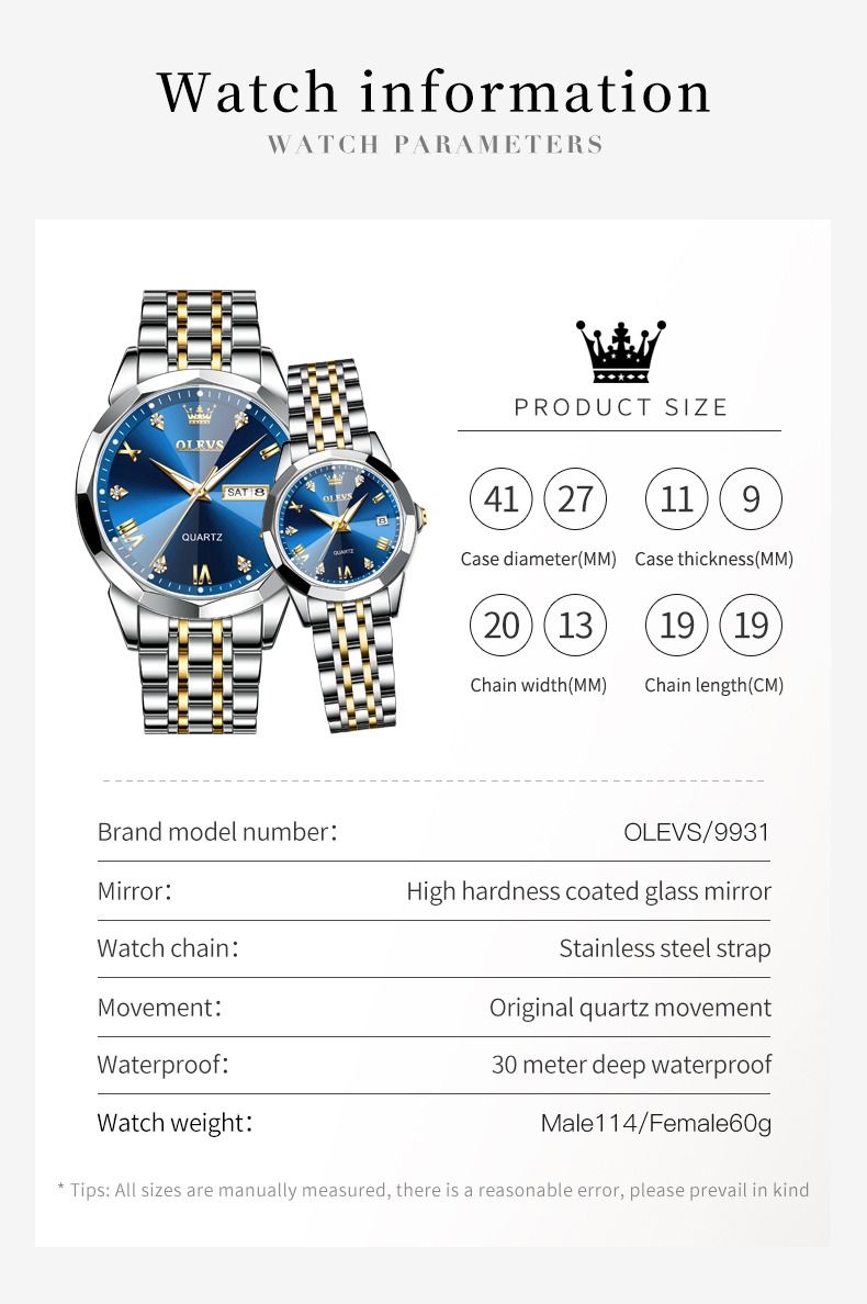 OLEVS 9931 Couple Watch Business Quartz Watches Luxury Wrist