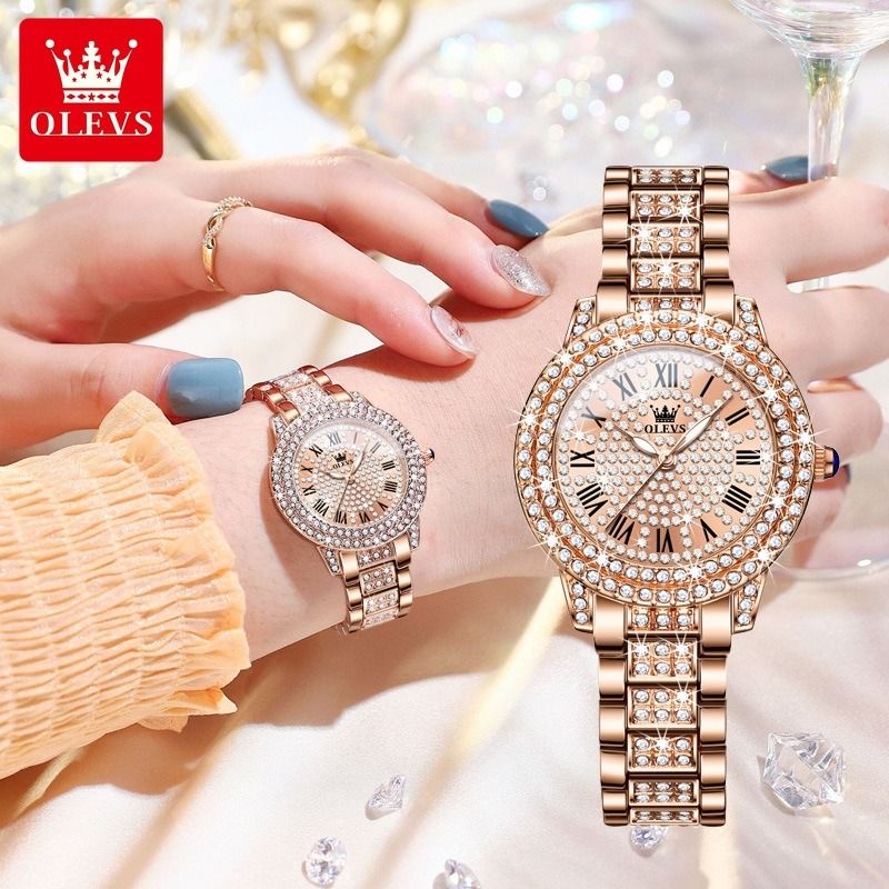 OLEVS 9943 Luxury Fashion Ladies Diamond Rhinestone Quartz Wrist Bracelet Watch For Women Roman Numerals Watch Luxury Watches on Carousell