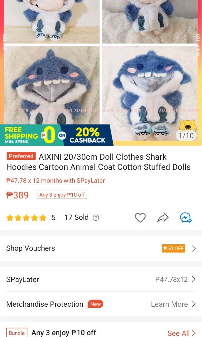 Plush Doll Shark Hoodie (Category: Plushies & Soft Toys) located in Mandaluyong City. Submitted by renaschwan (Listing ID 1258115488, Image 1). Description: Plush Doll Shark Hoodie Bought from Shopee. Nasa pic price and actual photo. Good for 30cm *Link not included* RFS: Malaki sa 20cm Shipping via Lalamove or Meetup sa Megamall.