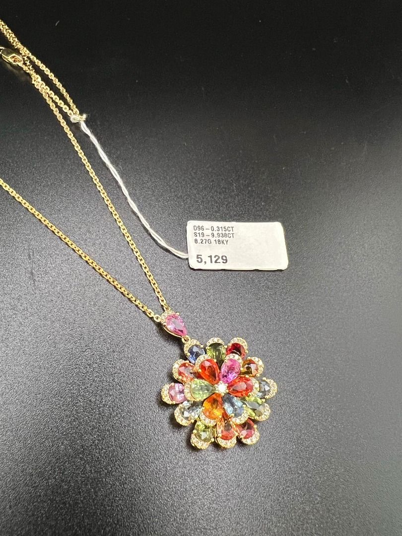 Rainbow Flower Sapphire Pendant with Free Gold chain Women s
