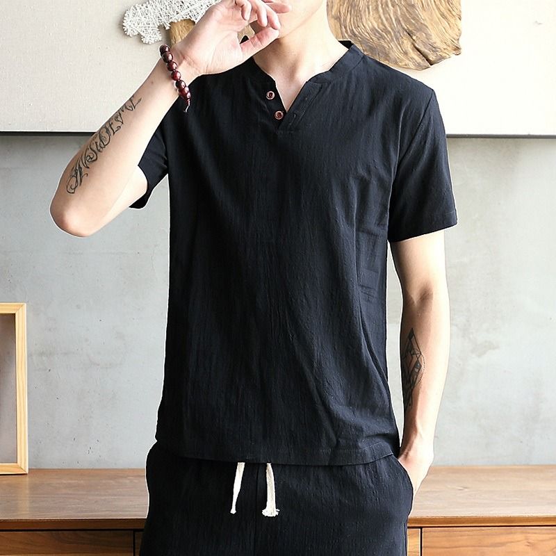 Mens black linen short sleeve shirt hotsell