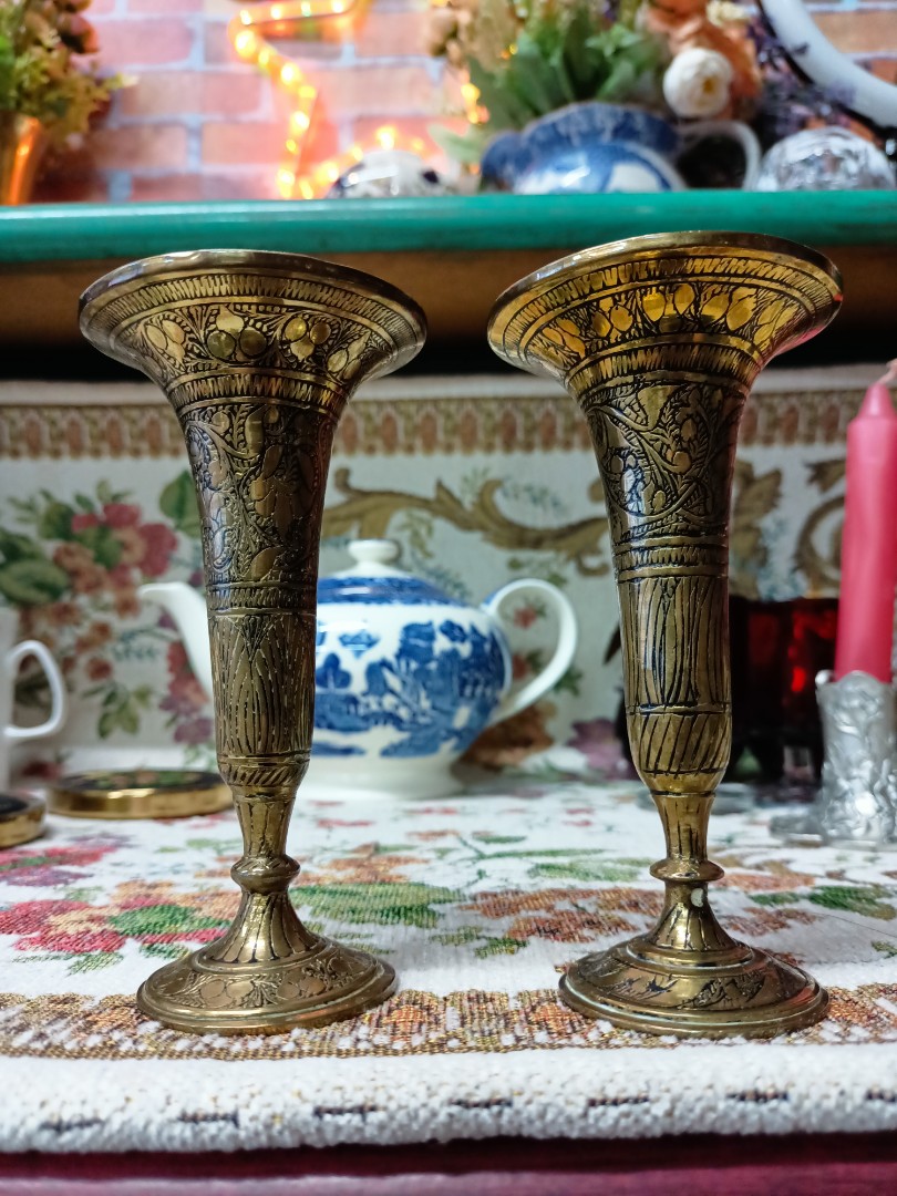 Solid brass etched vase/candle holder 2pcs vintage, Furniture & Home  Living, Home Decor, Vases & Decorative Bowls on Carousell