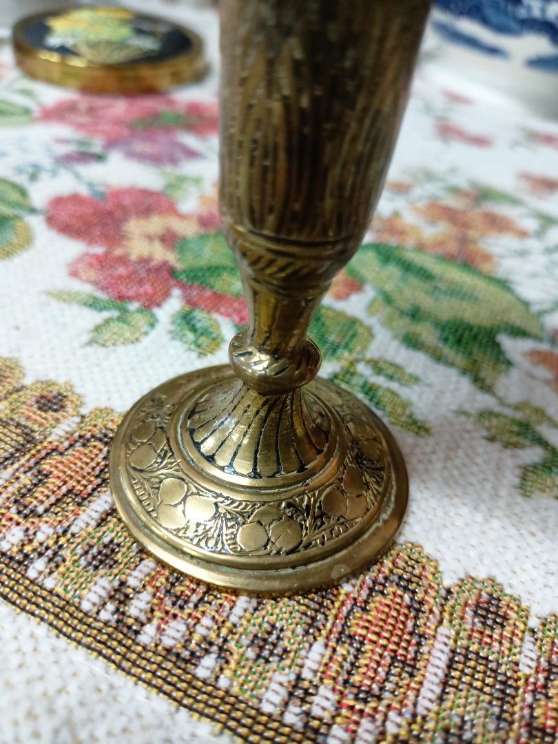 Solid brass etched vase/candle holder 2pcs vintage, Furniture & Home  Living, Home Decor, Vases & Decorative Bowls on Carousell
