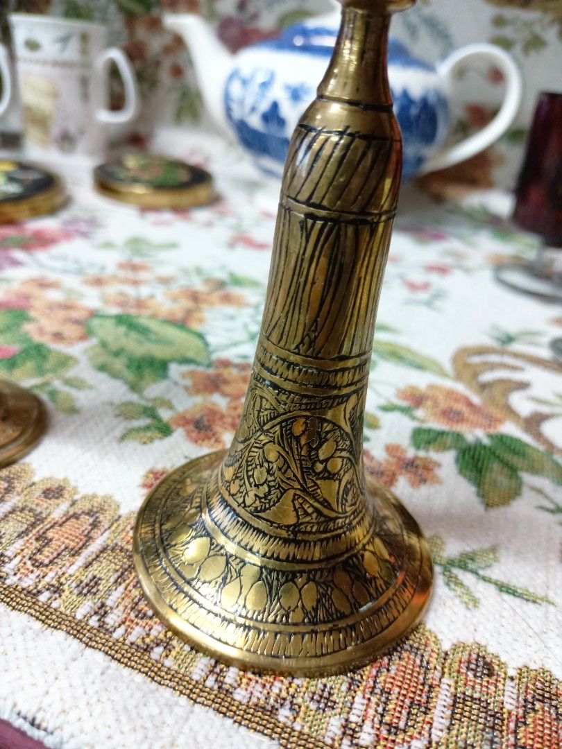 Solid brass etched vase/candle holder 2pcs vintage, Furniture