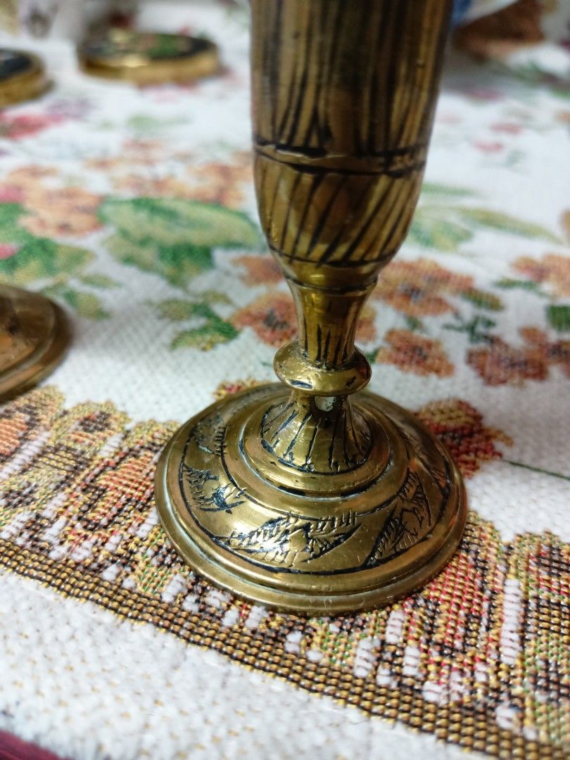 Solid brass etched vase/candle holder 2pcs vintage, Furniture