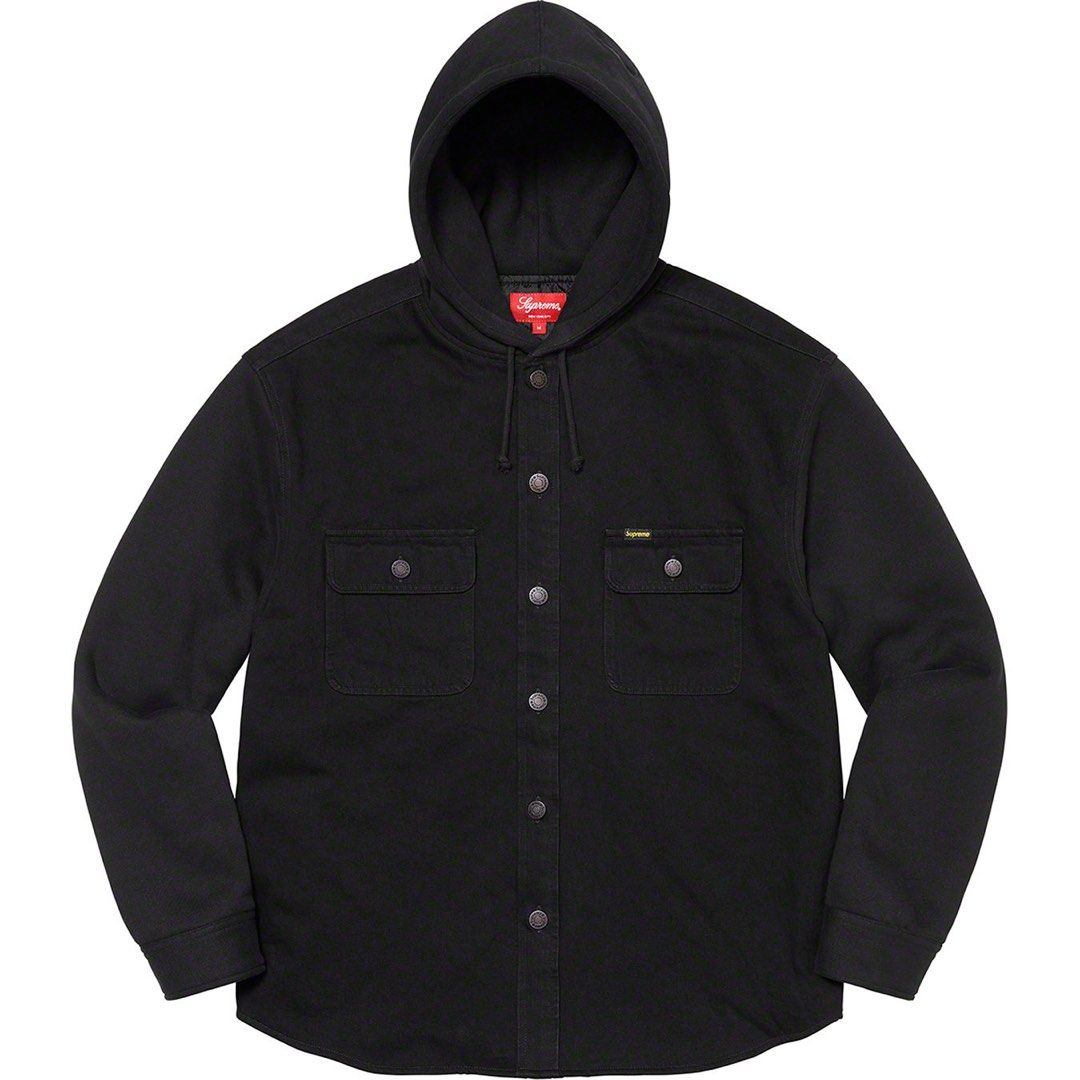 Supreme fleece hooded denim shirt black, 名牌, 服裝- Carousell