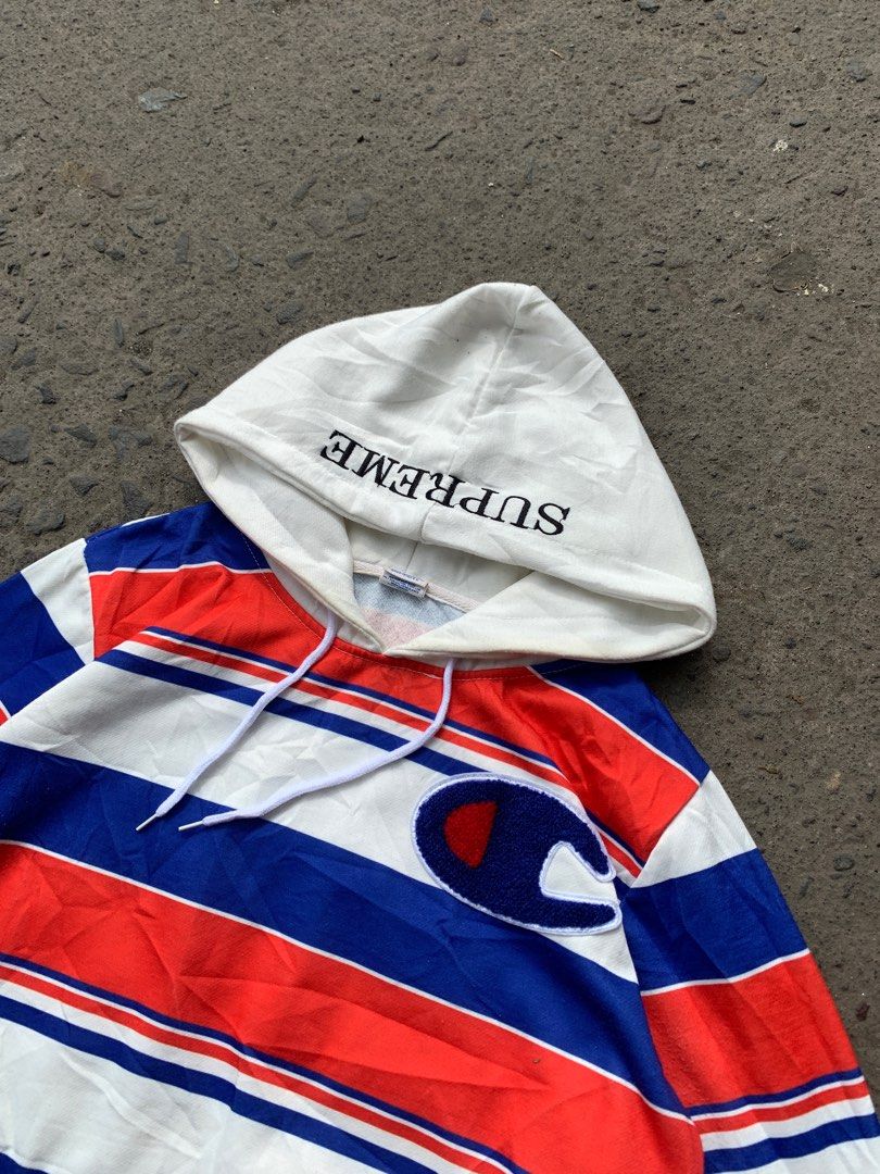Supreme champion hoodie red white and blue discount