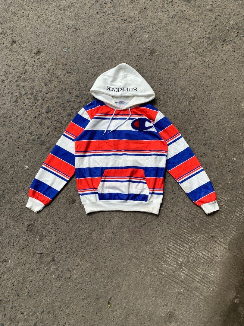 Supreme champion hoodie red white sales and blue