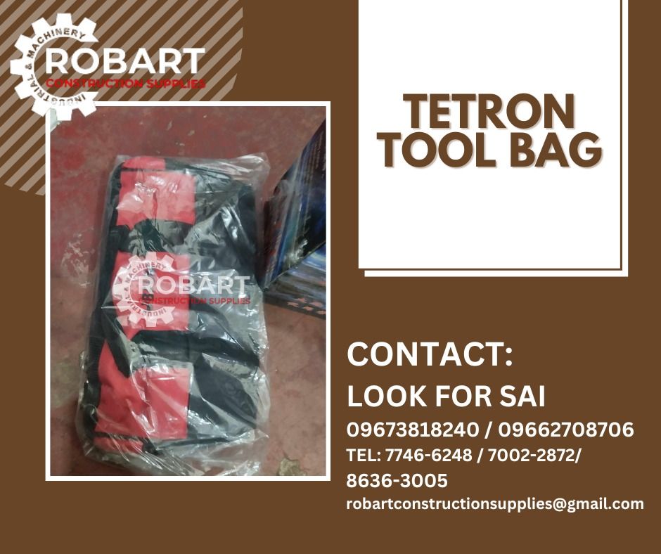 Tetron Tool Bag (Category: Construction Tools & Equipment) located in Manila. Submitted by robartehm (Listing ID 1258052535, Image 1). Description: Tetron Tool Bag ROBART CONSTRUCTION SUPPLIES Note: Prices are subject to change without prior notice. For inquiries: For FAST TRANSACTION: Call: Sai Robart - 09673818240 / 09662708706 Vbr: Robart Sai - 09673818240 Email: sairobart3@gmail.com SEND US MESSAGE FOR INQUIRIES ‼️ ‼️ - 100% Trusted Supplier 