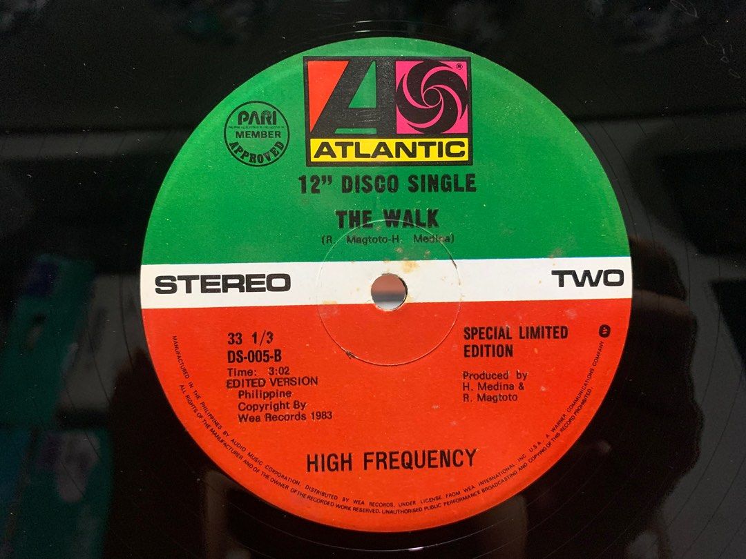 The Walk - High Frequency 12" Disco Single Phil Press (Category: Vinyls) located in Paranaque City. Submitted by seb_trading (Listing ID 1258191423, Image 2). Description: early 80s dance craze hit The Walk 12" extended disco single local Phil released by Atlantic records phil special limited edition Time: 6:05 33 RPM year 1983 last price Loc: san antonio, Paranaque.