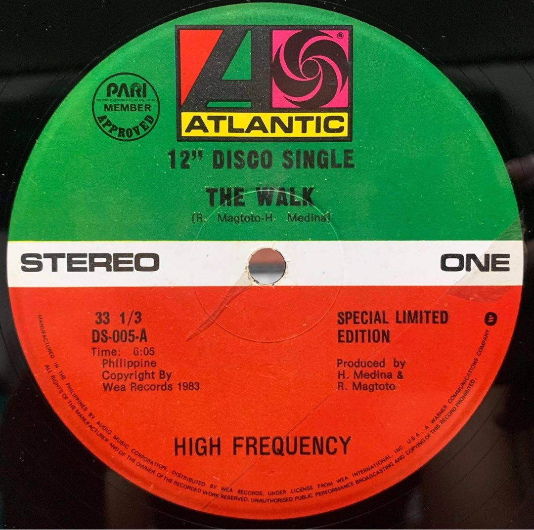 The Walk - High Frequency 12" Disco Single Phil Press (Category: Vinyls) located in Paranaque City. Submitted by seb_trading (Listing ID 1258191423, Image 1). Description: early 80s dance craze hit The Walk 12" extended disco single local Phil released by Atlantic records phil special limited edition Time: 6:05 33 RPM year 1983 last price Loc: san antonio, Paranaque.