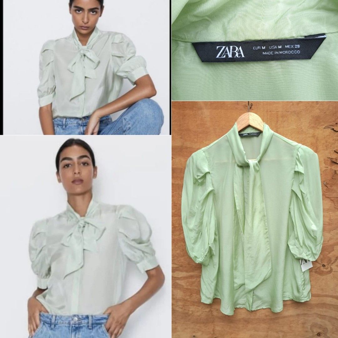 Zara satin shirt light green, Women's Fashion, Tops, Blouses on Carousell