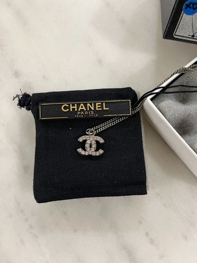 Chanel Metallic CC Crystal Silver Tone Pendant Necklace, Luxury