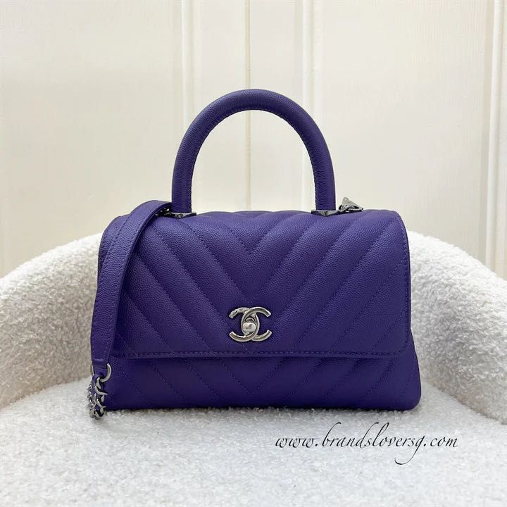 Chanel Small 24cm Coco Handle in Chevron Quilted Purple Caviar and Dark Silver HW Luxury Bags Wallets on Carousell