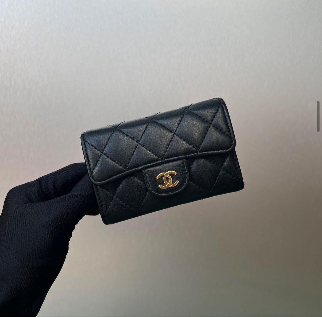 NEW CHANEL REV Black Lambskin GHW Quilted Classic Timeless Snap Card Holder