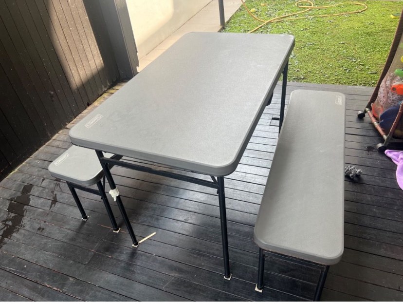 Coleman folding sales table with benches