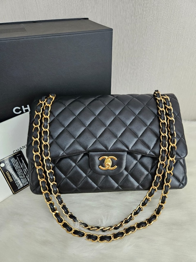 Excellent Chanel classic df jumbo black ghw lamb seri 22 full set no ...