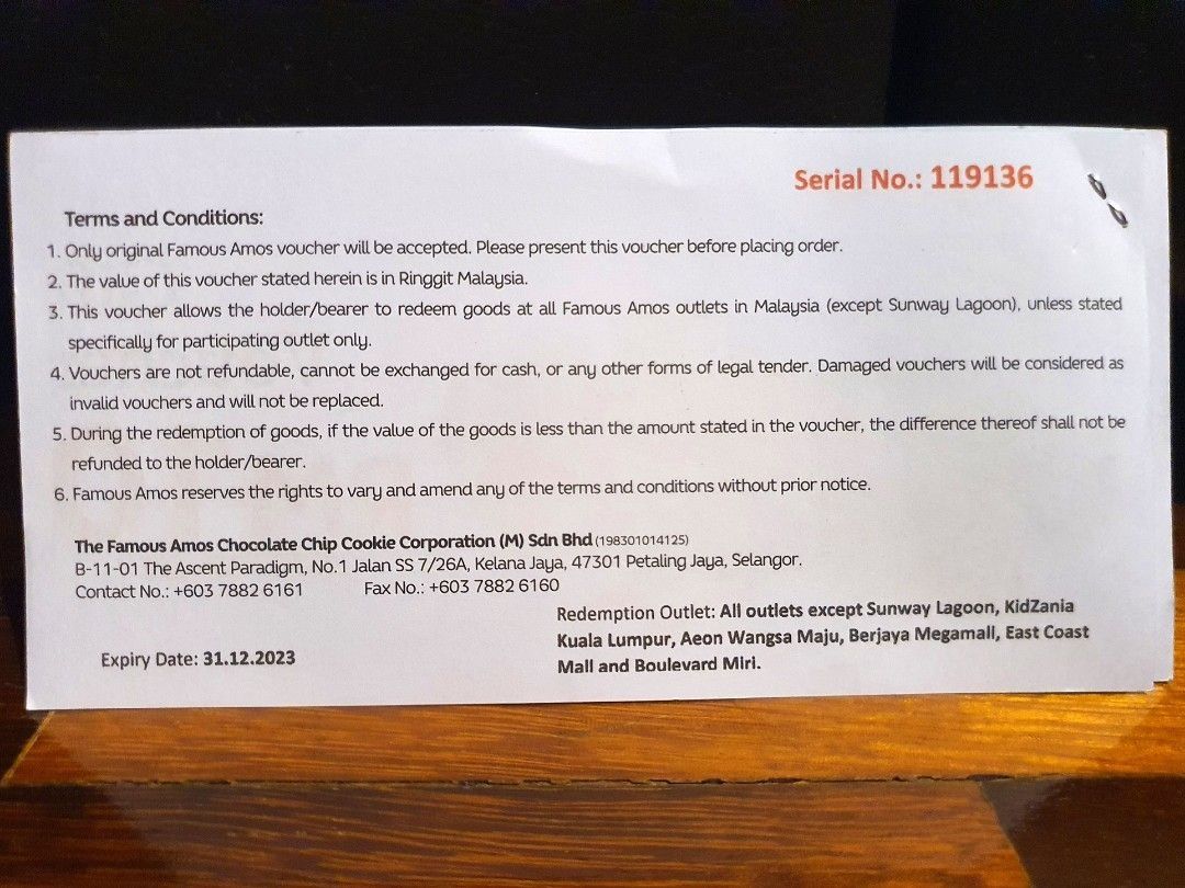 [expire 31/12/2023] RM10 Famous Amos Voucher, Tickets & Vouchers
