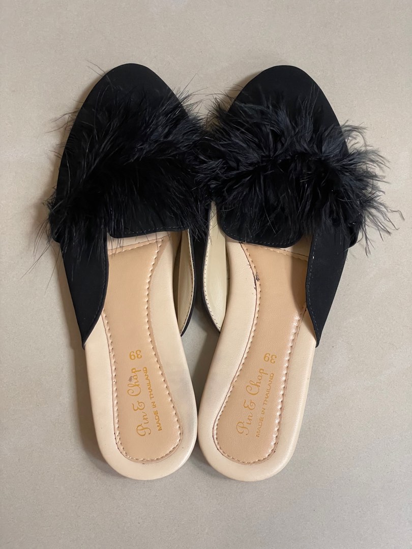 Furry mules slip ons Women s Fashion Footwear Flats on Carousell