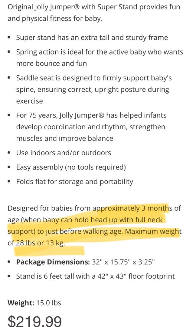 Jolly jumper original exerciser with extra tall super stand clearance