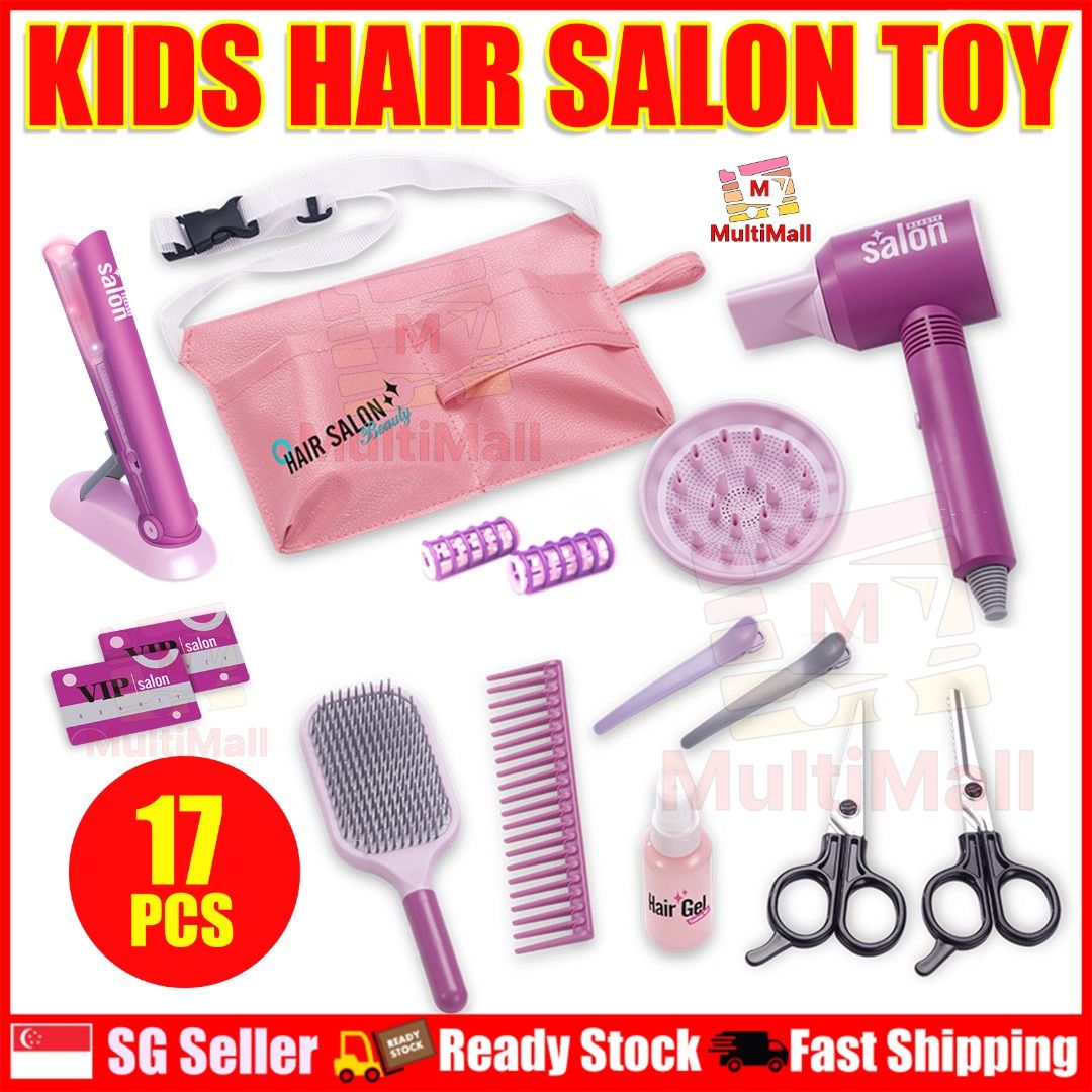 Beauty Hair Salon Toy Kit for Little Girls, 17 Piece Pretend Play Set, Kids Toddler Makeup Kit Including Carrying Case Hair Dryer Comb Curler Scissors