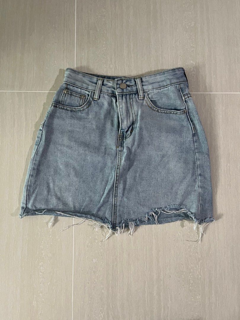 Light Wash Denim Skirt Ripped Hem Women s Fashion Bottoms Skirts on Carousell