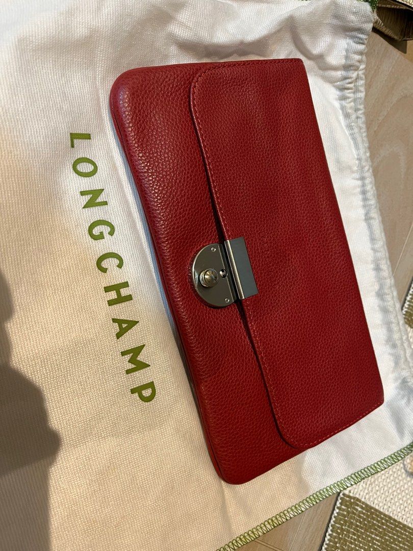 Longchamp Red Leather Lock Flap Clutch