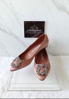 Manolo Blahnik Hangisi Crystal-Embellished Satin Point-toe Flats