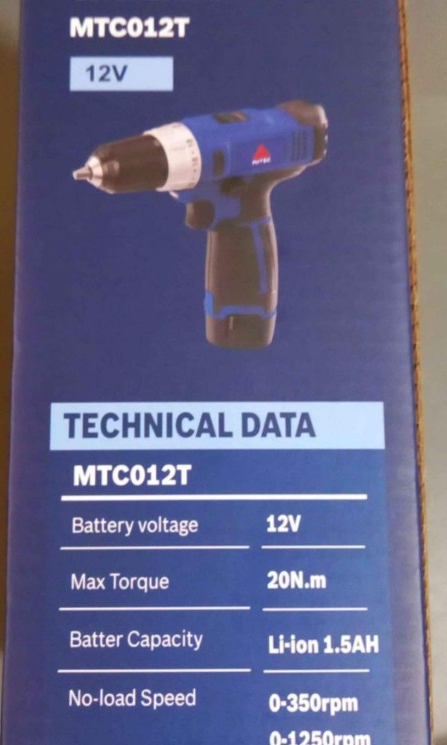 MITEC-CDM Cordless Drill Professional Heavy-Duty variable speed for power screwdriver (Category: Construction Tools & Equipment) located in Antipolo. Submitted by fastlane8moto (Listing ID 1262992927, Image 3). Description: 💯 ORIGINAL 👍👍👍 MITEC Professional Heavy Duty Cordless Drill . Mitec EQUIPPED COPPER MOTOR reposted August 22, 25 WITH NEW INGCO BATTERY MTC012T 12 volts Max Torque 20N.m Battery Li-ion 1.5AH No load speed 350 rpm 1250 rpm 