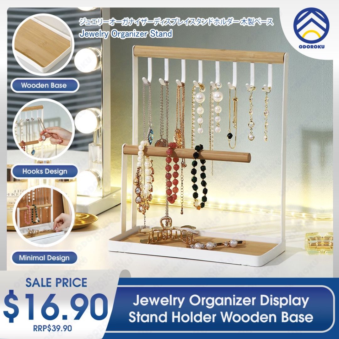 Jewelry Organizer Display Stand Holder with Wooden Ring Tray and Hooks  Storage Necklaces Bracelets, Rings, Watches Metal Desk Organizer Stand