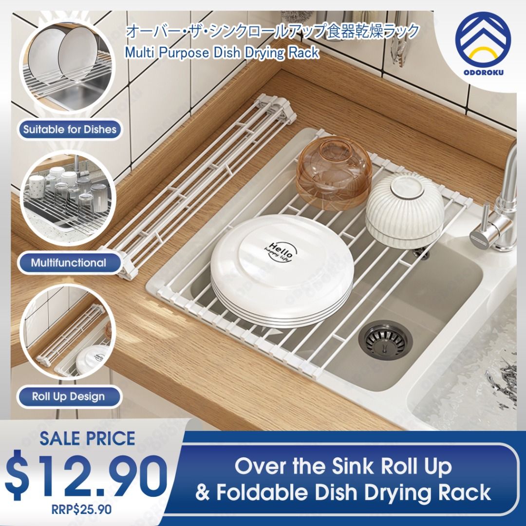 ODOROKU Roll Up Dish Drying Rack Over Sink Drying Rack Sink Cover Kitchen Sink Accessories Gadget Multipurpose Organizer Foldable Stainless Steel Drainer Heat Resistant Anti Slip Anti Rust Black White...