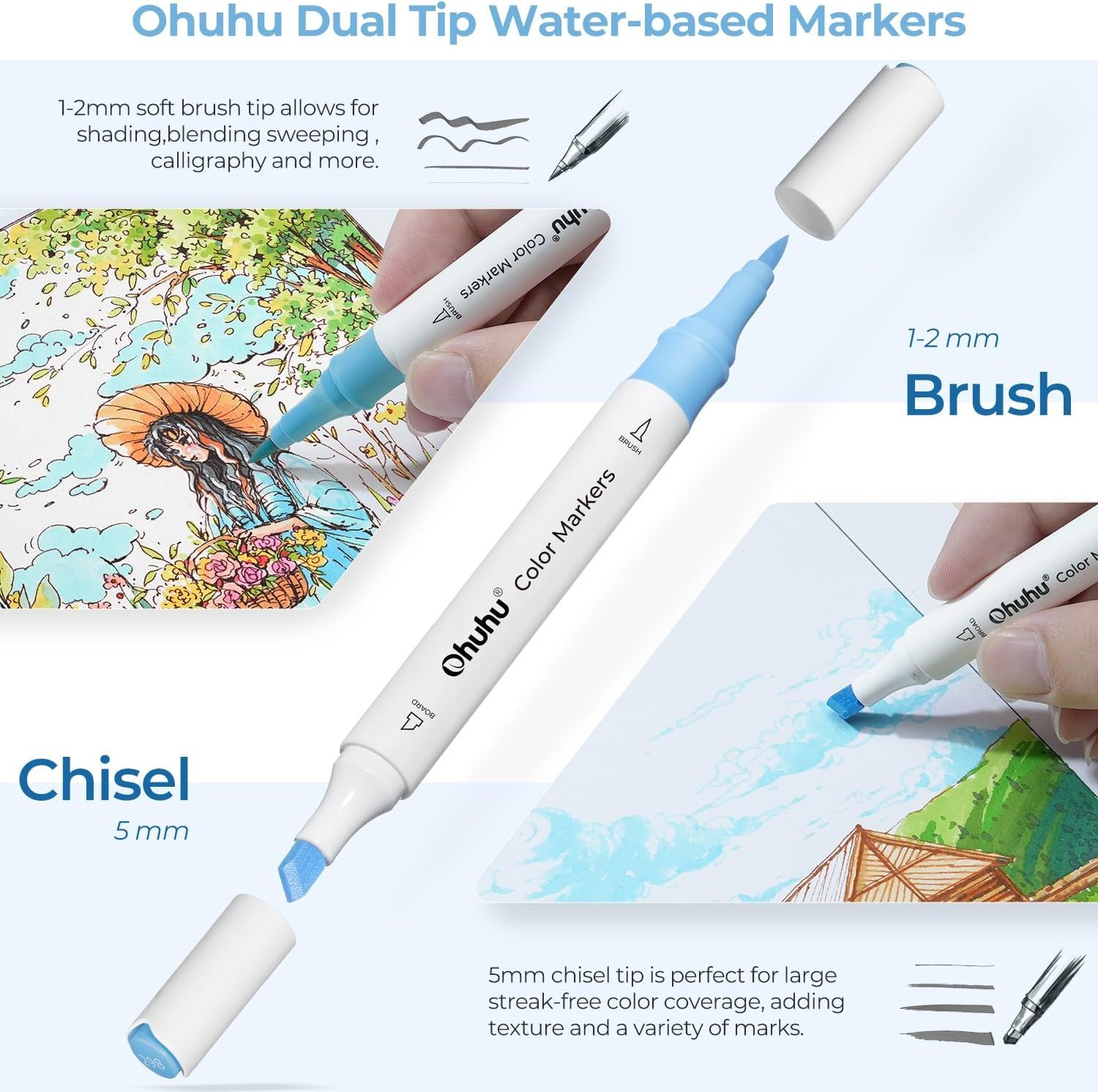 Ohuhu Markers Brush Chisel Tip: 60 Colors New Brush Double Tipped  Water-Based Art Marker for Kids Adults Coloring Book Calligraphy Drawing  Sketching