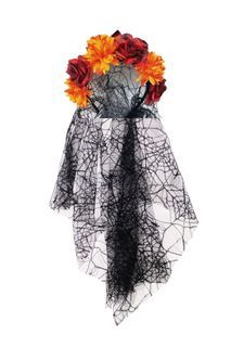 Orange and Red Day of the Dead Hair Flowers Hedband with Spiderweb Veil