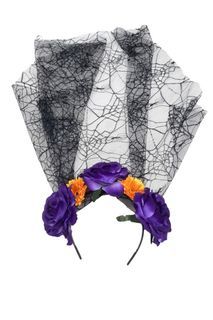 Purple Yellow Orange Day of the Dead Hair Flower Headband with Spiderweb Gothic Veil