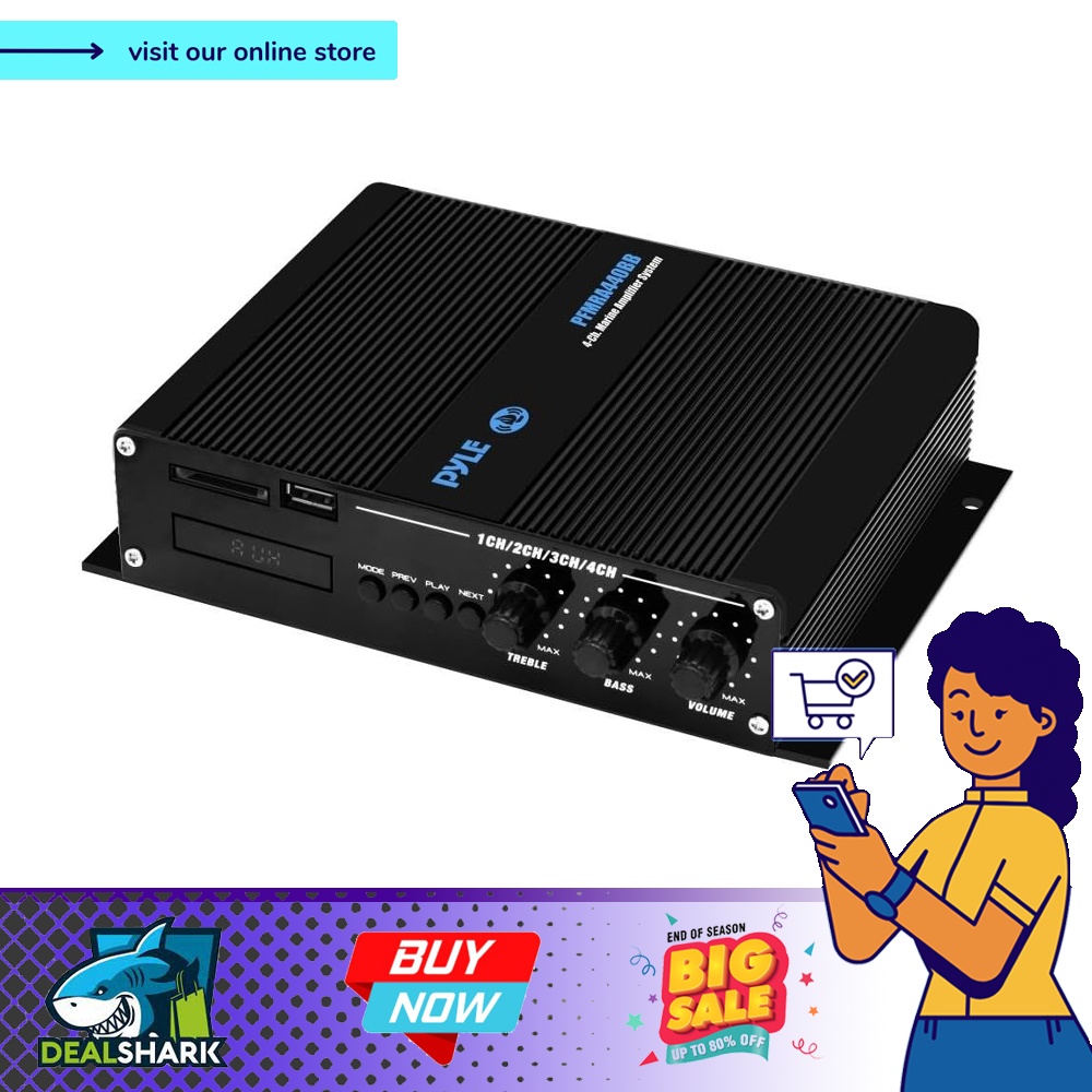 Pyle 4 Channel Marine Amplifier Compact Power 400 Watt RMS 4 OHM Full